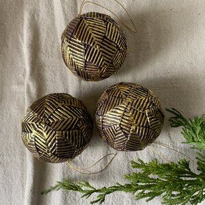 Vintage Gold & Bronze Chevron Ball Ornaments Retro Holiday Decor, Art Deco